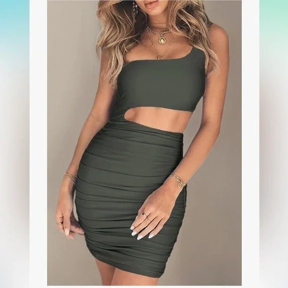 Olive Green One Shoulder Sleeveless Cutout Ruched Bodycon Mini Club Dress - XL 💚 - Picture 3 of 12